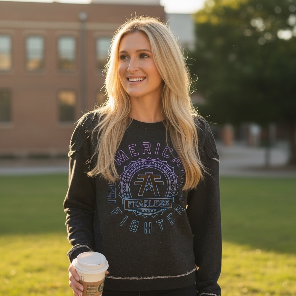 American Fighter Womens Black Fearless Graphic Sweatshirt Moto Shoulder Small